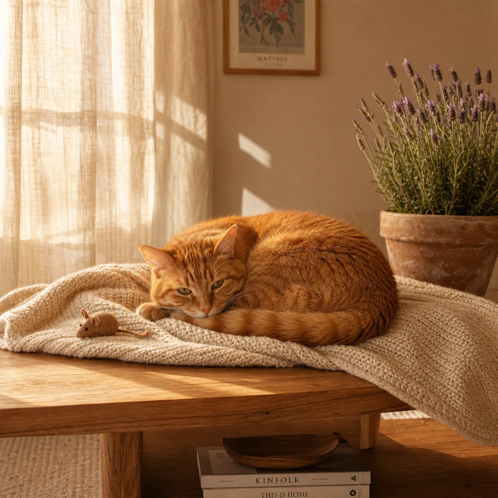 Gatto adagiato in una cuccia donut in velluto crema